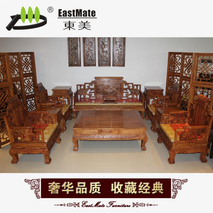 廠家直銷非洲黃梨山水寶座沙發(fā)11件套 客廳紅木沙發(fā)
